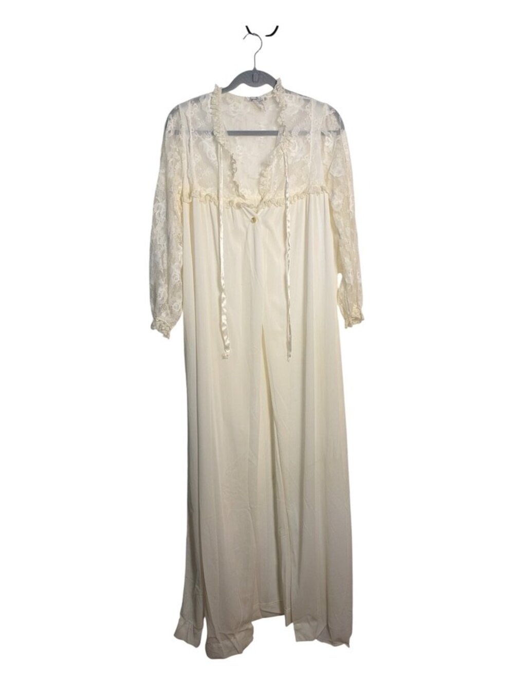 Vintage Saramal Ivory Lace Peignoir Robe Ruffle Ribbon Tie Bridal Maxi Size M